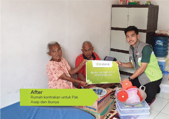 Cita Sehat memberikan bantuan untuk Pak Asep yang sebelumnya tinggal di sebuah gang di Sukabumi. Bantuan berupa peralatan rumah tangga dan uang untuk sewa kontrakan